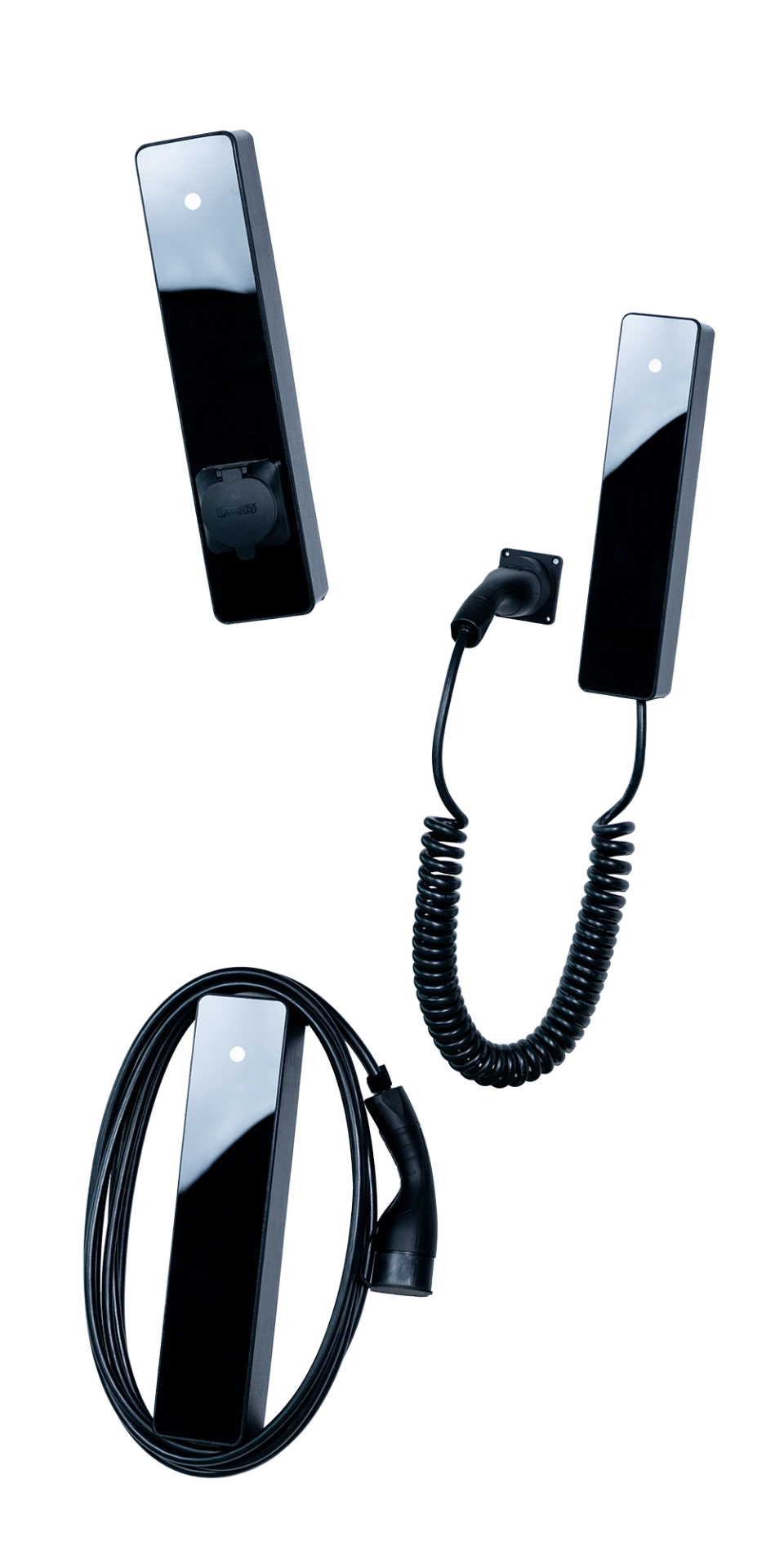 PhaseBox 3.0 i tre utföranden: med uttag, med spiralkabel och med rak laddkabel.